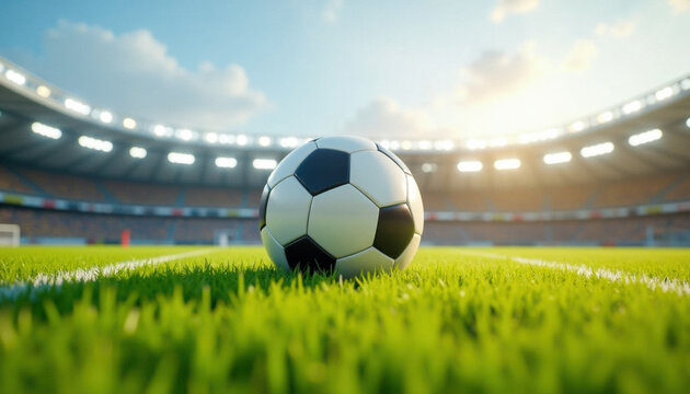A soccer ball on the field in an inspiring moment. Promoting soccer, or association football.