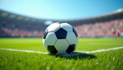 A soccer ball on the field in an inspiring moment. Promoting soccer, or association football.