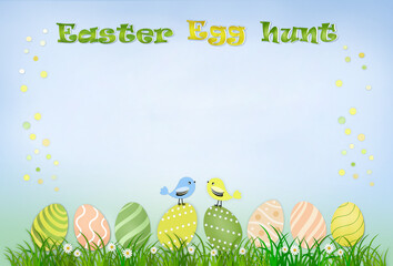 easter egg hunt background template with easter eggs cartoon birds and daisy flowers in the green grass .Free copy space.