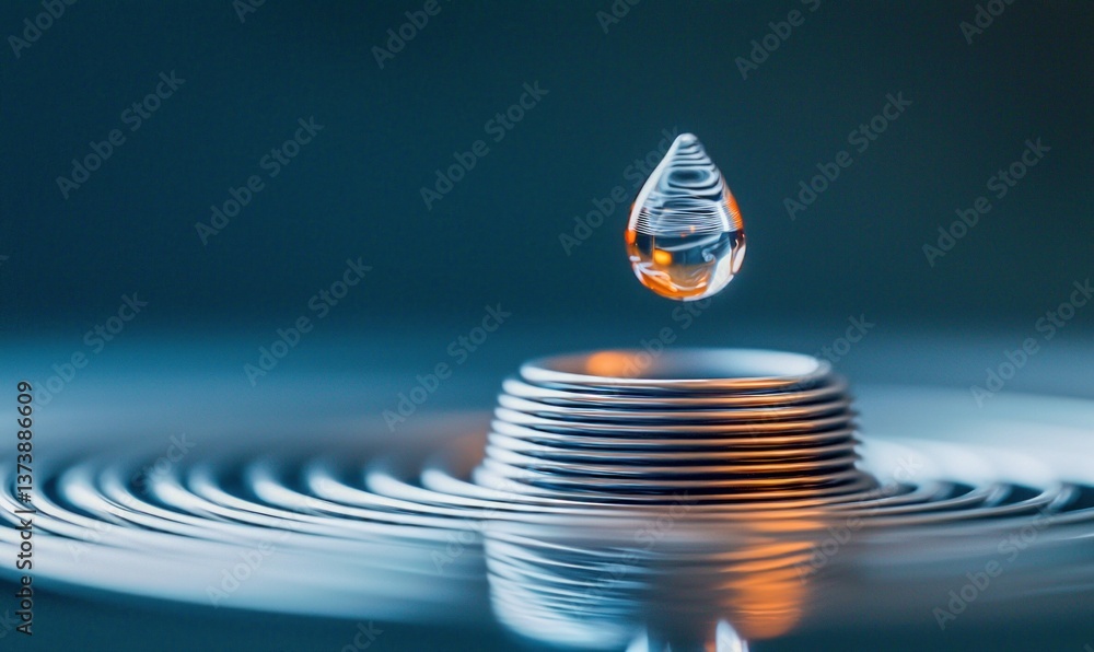 Poster captivating close-up of a pristine water drop suspended above rippling water, creating a tranquil sc