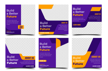 Set of square banner design template collection. Purple and orange color concept with geometric shape. Usable for social media post , card, and web ads.