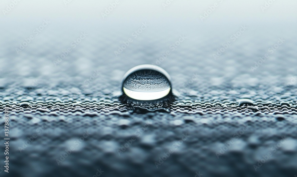 Poster a macro shot highlights a single water droplet resting on a subtly textured surface, reflecting ligh