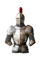 Fototapeta premium A medieval knight costume featuring detailed armor, a cape, and a sword. transparent PNG
