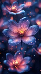 A breathtaking display of luminous flowers in shades of light purple and white floats against a dark blue backdrop surrounded by twinkling stars
