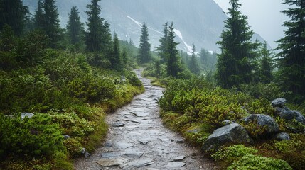 Obraz premium Hiking trail approaching a mountain station on a rainy day, perfect for adventure and nature photography