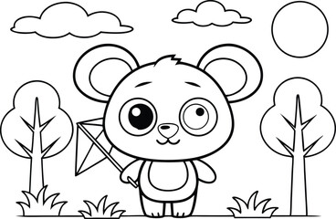 Cute Cartoon Panda Holding Kite With Trees, Cloud, and Circle in Transparent