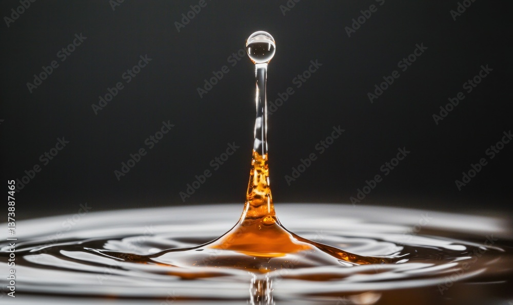 Poster a mesmerizing close-up of a liquid drop creating a splash and ripples in a dark ambient light.