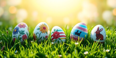  painted easter eggs celebrating a Happy Easter on a spring day with a green grass meadow, bright sunlight and a warm colour background with copy space.