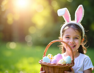 AI generation of happy girl with bunny ears and basket with decorated easter eggs on the spring sunny meadow. Easter hunt