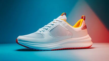 Stylish white sneakers with bright accents on colorful lighting background. Suitable for sports, fashion, shoe advertising.
