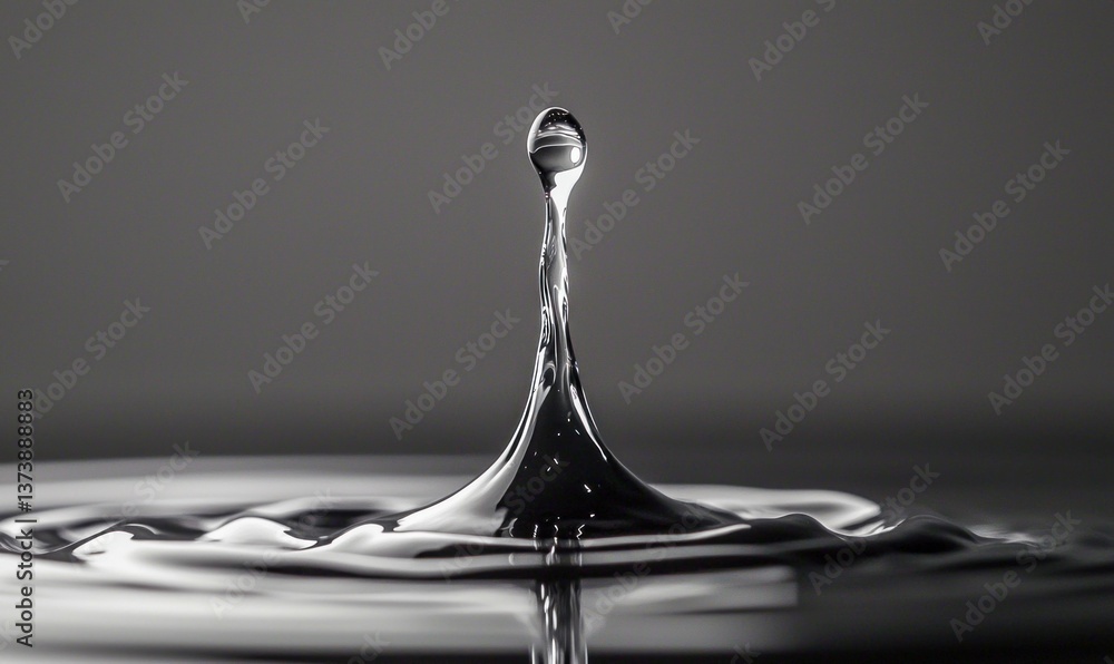 Poster captivating close-up of a water drop impacting a surface, creating mesmerizing ripples in black and 