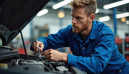 Mechanic working on car engine in auto repair shop