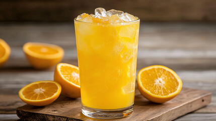 A tall glass of fresh orange juice with ice