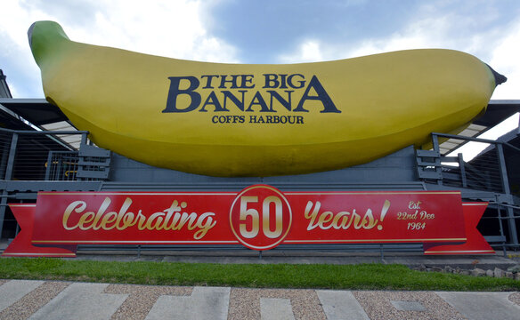 Coffs Harbour, New South Wales, Australia &ndash; December 11, 2015. Big Banana in Coffs Harbour, with poster celebrating 50th anniversary. 