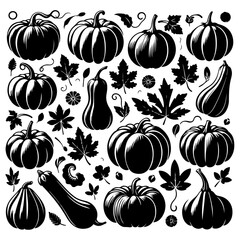 Seamless pattern of pumpkins and vegetables with autumn leaves for fall and Halloween design