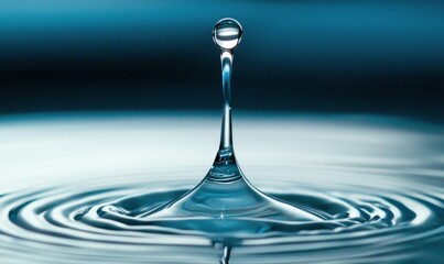 A droplet of water strikes a serene blue surface, generating ripples and a captivating splash.