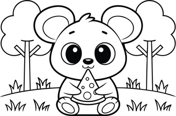 Outlined Cute Mouse Eats Pizza in Nature with Trees and Grass Transparent