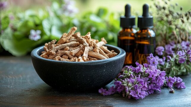 A black bowl filled with dried roots of Common Comfrey (Symphytum officinale), also known as Knitbone and Bistort. Alongside, bottles of comfrey infusion and tincture, representing alternative herbal 