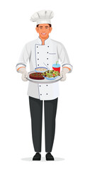 Chefs holding plate, Smiling male chef wearing chef uniform, food and restaurant concept, vector illustration 