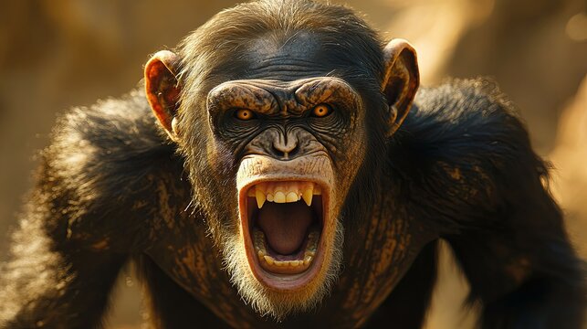 A close-up of an enraged chimpanzee with blazing eyes, bared teeth, and fur standing on end. Wrinkled skin, scars, and flared nostrils enhance its fierce expression against a muted earthy background.