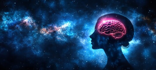 Silhouette of a Woman s Head with a Glowing Brain Against a Cosmic Starry Background Concept Image
