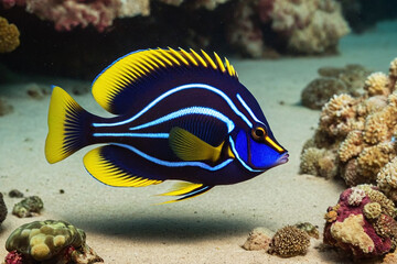 Vibrant Blue and Yellow Striped Fish - Exotic Tropical Reef Fish in Sunlit Underwater Coral Scene