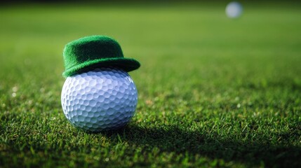A whimsical sight: golf ball wearing a petite green hat sitting amidst lush, sun-kissed blades, with a blurred sphere in the background, evoking a sense of playful leisure.