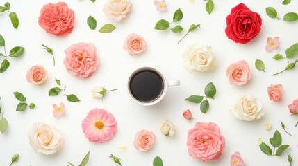 Coffee Cup Surrounded by Assorted Rose Blooms and Green Leaves