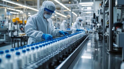 A pharmaceutical factory where workers and robots carefully handle ingredients, package medications, and conduct quality control checks, ensuring safe, high-quality products for global distribution. 