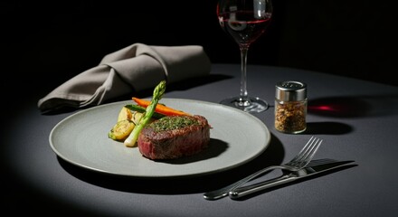 A plate with exquisitely served steak, baked vegetables and a glass of red wine