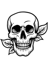 Obraz premium Black and white vector illustration of a human skull with leaves in line art style. Minimalist and elegant design, perfect for tattoos, engraving, and graphic projects.