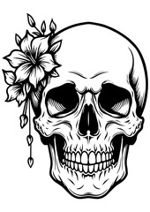 Black and white vector illustration of a human skull with flowers around the head. Line art, minimalistic floral skull design on a white background.