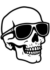 Fototapeta premium Black and white vector illustration of a human skull wearing sunglasses. Line art style, minimalist design on a white background.