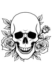 Obraz premium Black and white vector illustration of a human skull with roses and leaves in line art style. Minimalist design, perfect for engraving, tattoos, and prints.