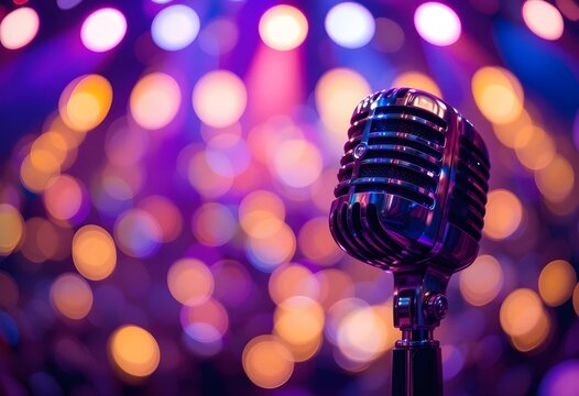 microphone with bokeh light background, stand up comedy show, karaoke or singing contest, background for poster design, open mic and jokes show