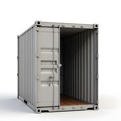Open gray shipping container on white background with wooden floor interior