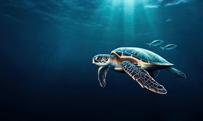 Fototapeta premium A majestic sea turtle glides through the ocean depths accompanied by two silvery fish.
