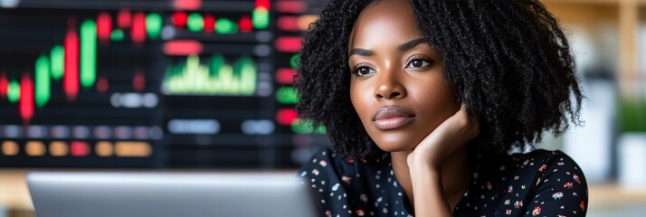 Contemplative Woman Analyzing Stock Charts and Graphs, Reflecting on Rising Stock Prices