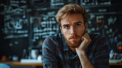 Concept of training and research. A thoughtful man with physical and mathematical formulas in the background