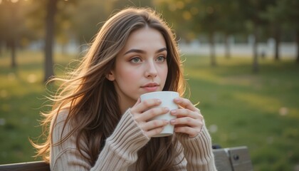 young woman drinking coffee in the park