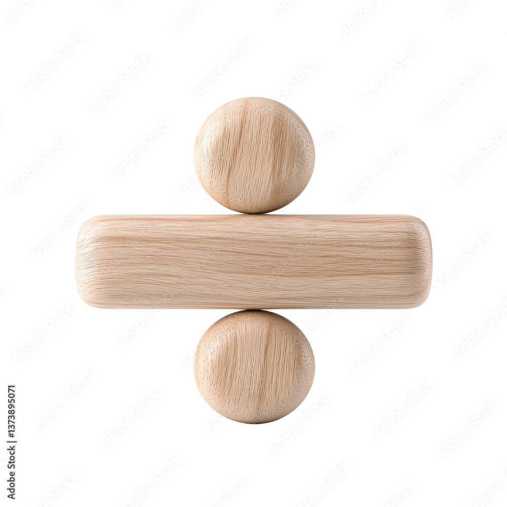 Poster abstract wooden sculpture with circular and rectangular elements.