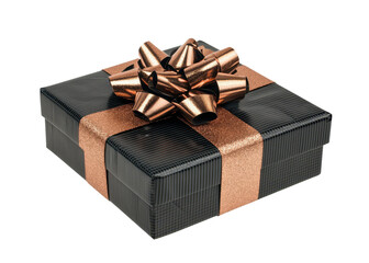 black gift box with copper shiny ribbon bow isolated on white or transparent png