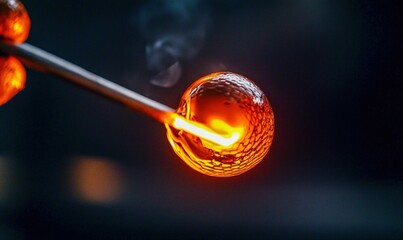 Molten glass is skillfully shaped on a metal rod by a glassblower in their studio.