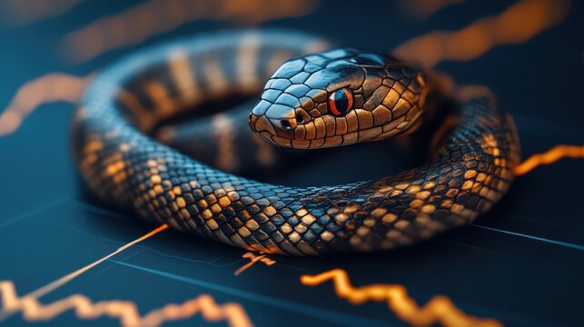 A trading algorithm visualized as a glowing snake navigating through a jungle of stock data