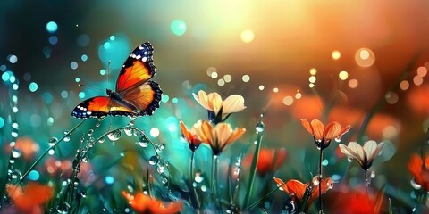 A Serene Landscape of Morning Dew and Wildflowers