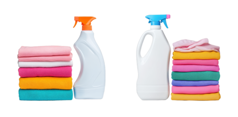 Laundry detergent and folded towels set, cleaning supplies for home, fresh scent, assorted colors, two bottles transparent background