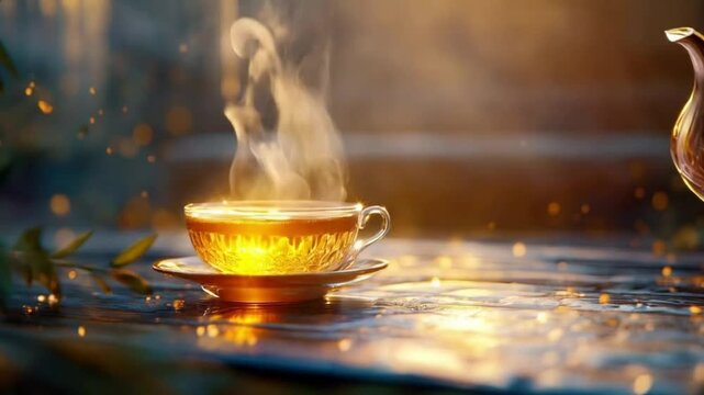Tea being poured from teapot into cup in warm ambiance
