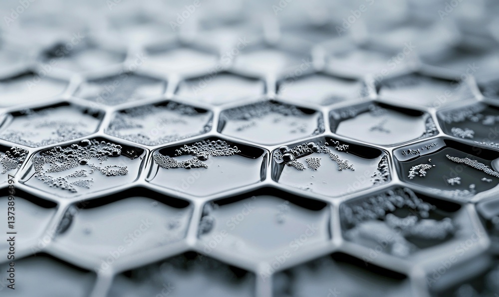 Poster a close-up of a hexagonal cell structure filled with liquid and tiny bubbles creates an abstract des