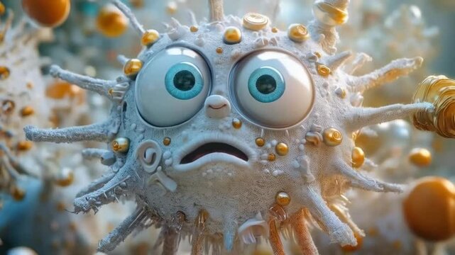 Cartoon virus character expressing sadness and concern in colorful animation style