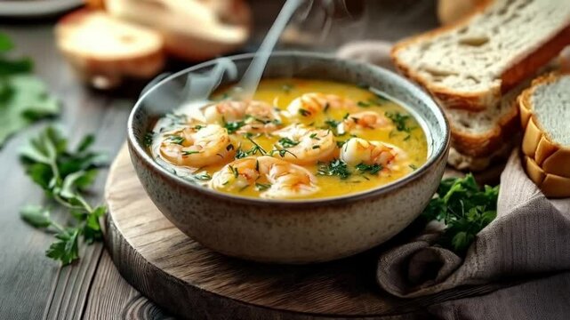 Shrimp in garlic sauce served in a bowl with bread, delicious and hearty meal